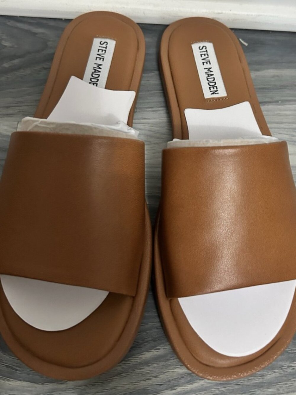 Steve Madden Sienna Cognac Leather Slides Sandals Size 7.5 New/w Box